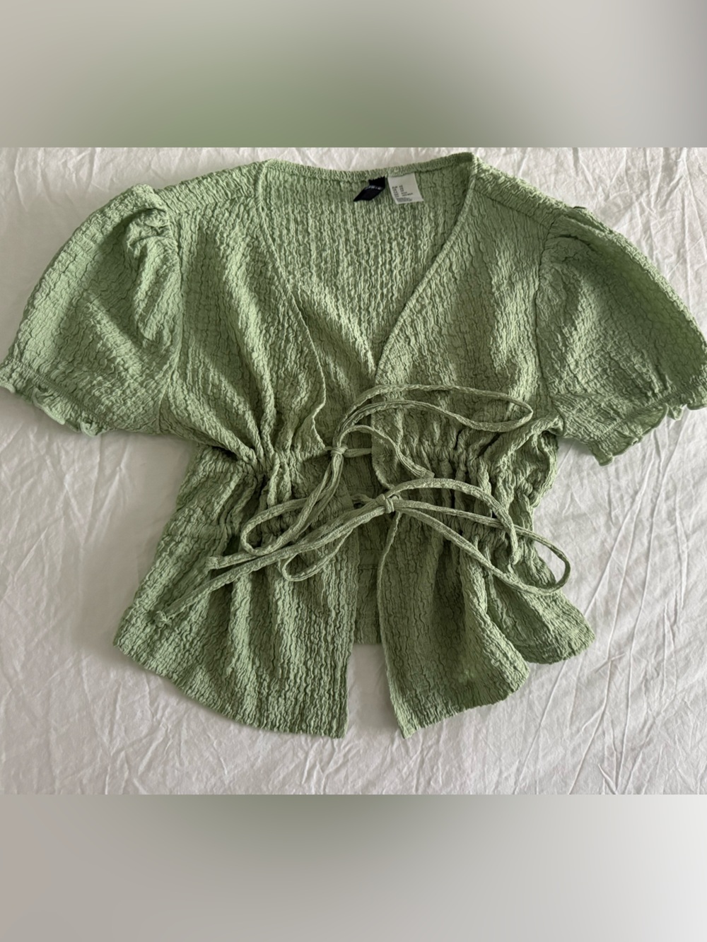 H&M Sage Green Smocked Top with bow Detail